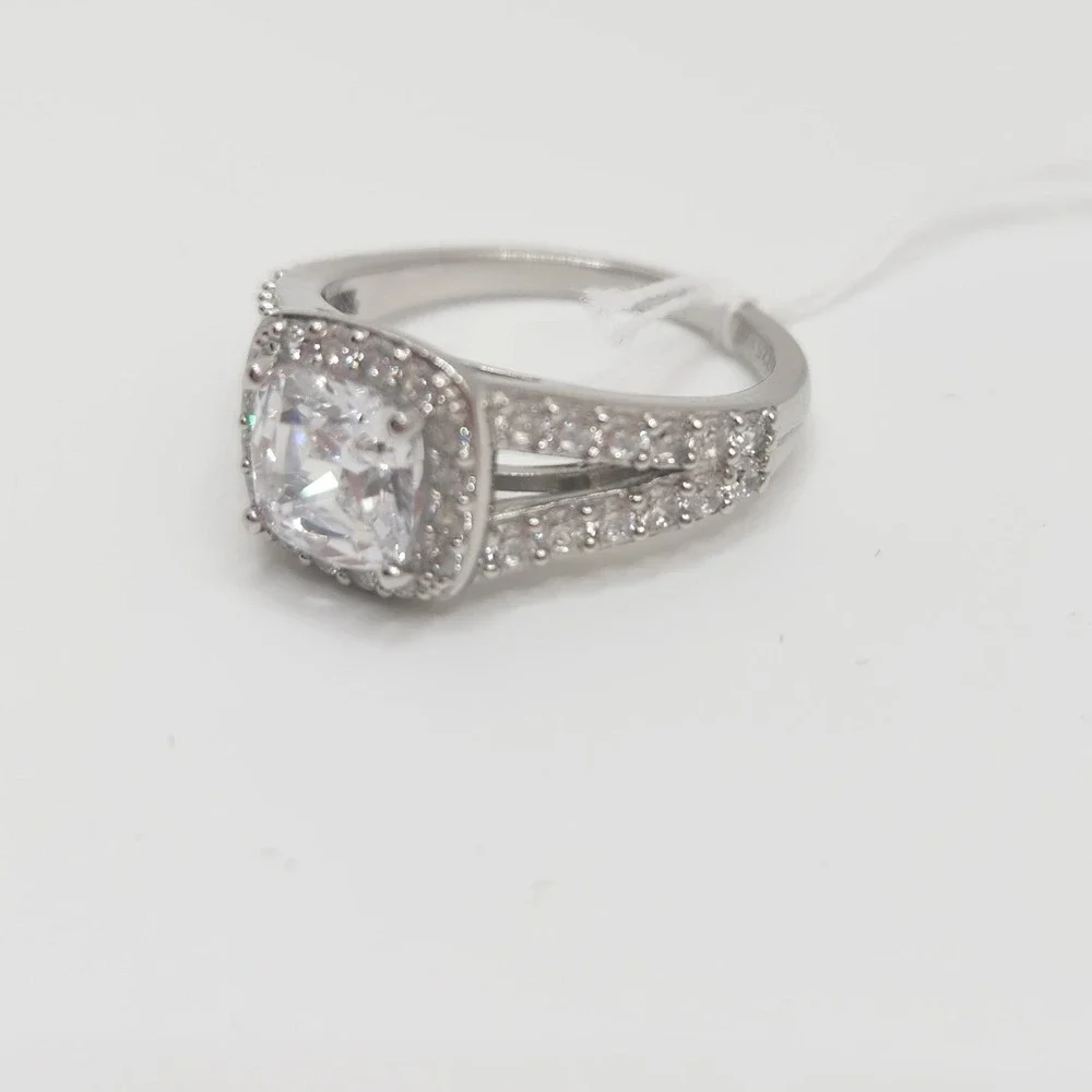 925 Sterling Silver Princess Cut CZ Halo Split Shank Ring Size 8 Art Deco Style